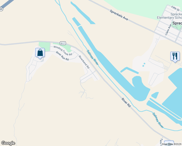 map of restaurants, bars, coffee shops, grocery stores, and more near 17776 Riverbend Road in Salinas