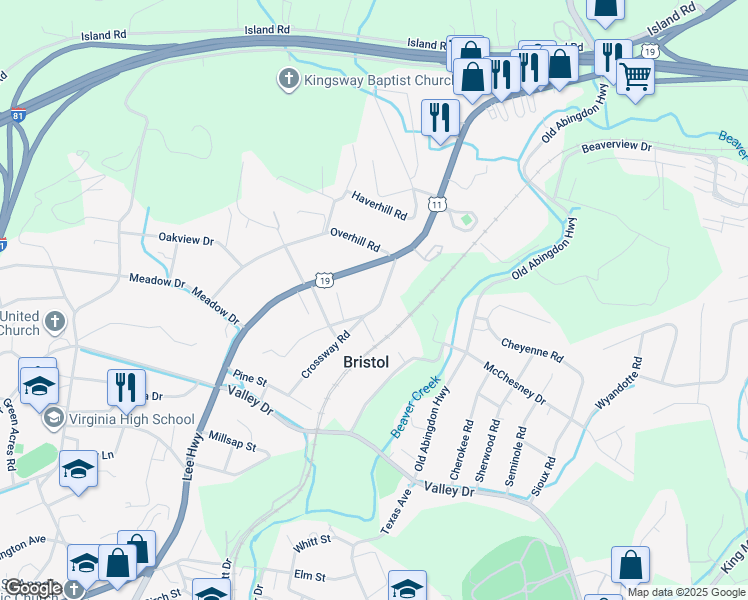 map of restaurants, bars, coffee shops, grocery stores, and more near 1744 Wendover Road in Bristol