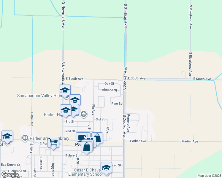 map of restaurants, bars, coffee shops, grocery stores, and more near 501 Almond Street in Parlier