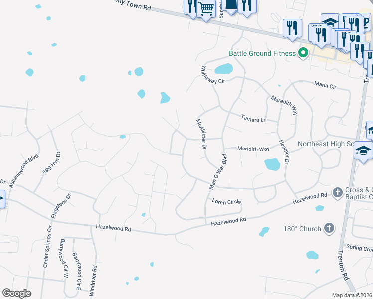 map of restaurants, bars, coffee shops, grocery stores, and more near 1419 Jenny Lane in Clarksville