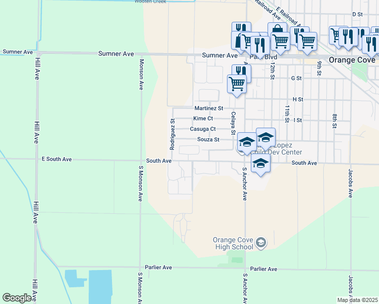 map of restaurants, bars, coffee shops, grocery stores, and more near 1550 South Avenue in Orange Cove