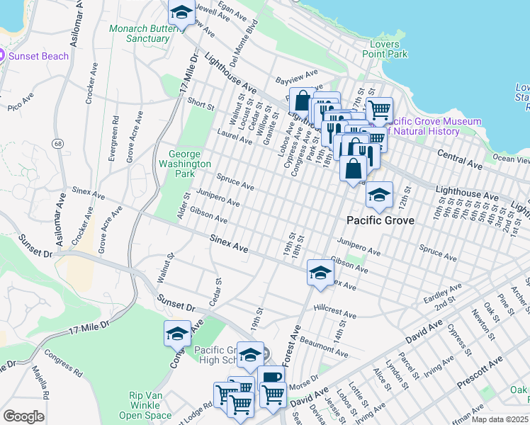 map of restaurants, bars, coffee shops, grocery stores, and more near 518 Congress Avenue in Pacific Grove