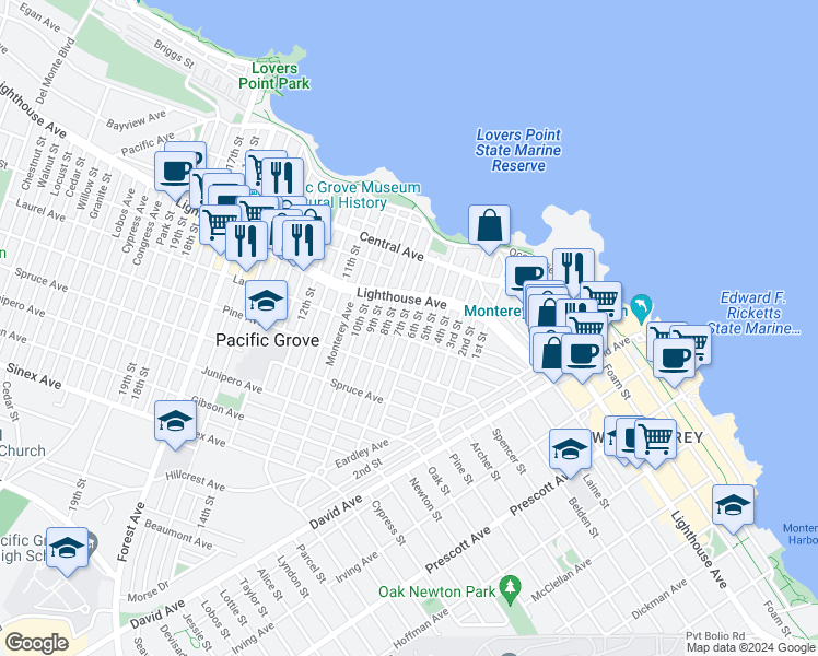 map of restaurants, bars, coffee shops, grocery stores, and more near 228 6th Street in Pacific Grove