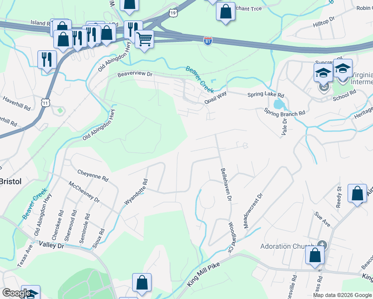 map of restaurants, bars, coffee shops, grocery stores, and more near 284 Bellehaven Drive in Bristol