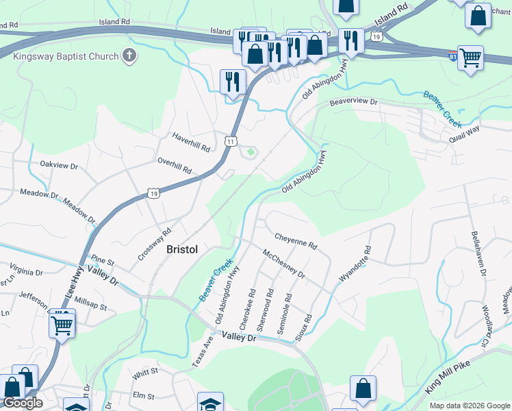 map of restaurants, bars, coffee shops, grocery stores, and more near 516 Old Abingdon Highway in Bristol