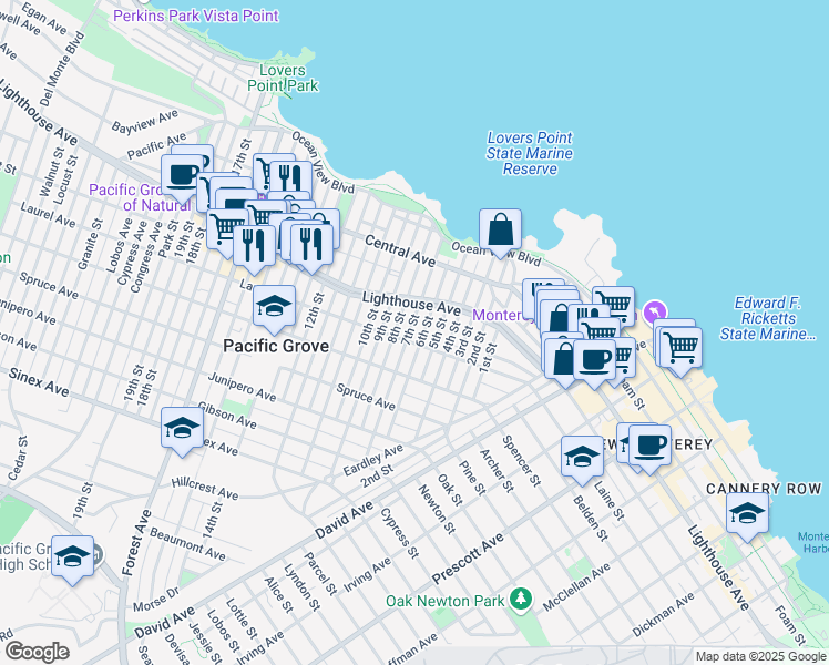 map of restaurants, bars, coffee shops, grocery stores, and more near 229 7th Street in Pacific Grove