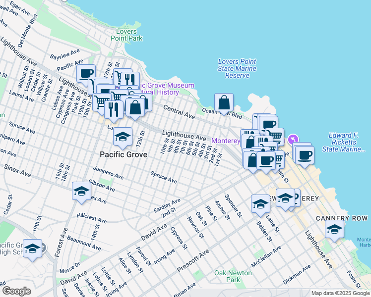 map of restaurants, bars, coffee shops, grocery stores, and more near 229 7th Street in Pacific Grove