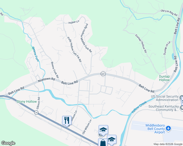 map of restaurants, bars, coffee shops, grocery stores, and more near 27 Polly Hollow Left Road in Middlesboro