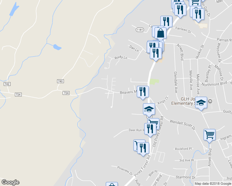 map of restaurants, bars, coffee shops, grocery stores, and more near 141 Beavers Mill Road in Danville