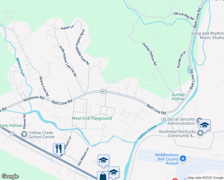map of restaurants, bars, coffee shops, grocery stores, and more near 3144 State Highway 441 in Middlesboro