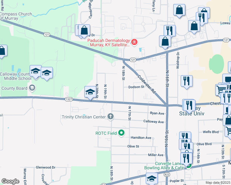 map of restaurants, bars, coffee shops, grocery stores, and more near 807 Sha-Wa Court in Murray