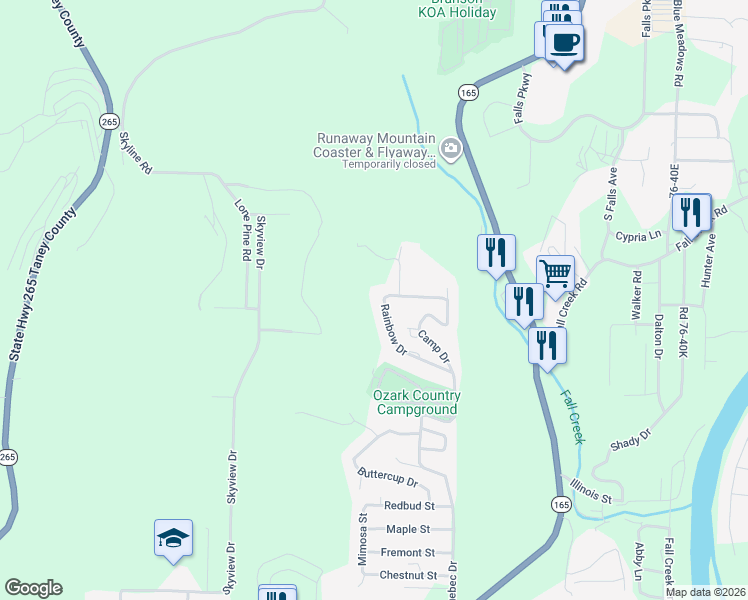 map of restaurants, bars, coffee shops, grocery stores, and more near 353 Rainbow Drive in Branson