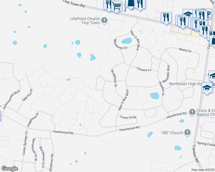 map of restaurants, bars, coffee shops, grocery stores, and more near 1421 Jenny Lane in Clarksville