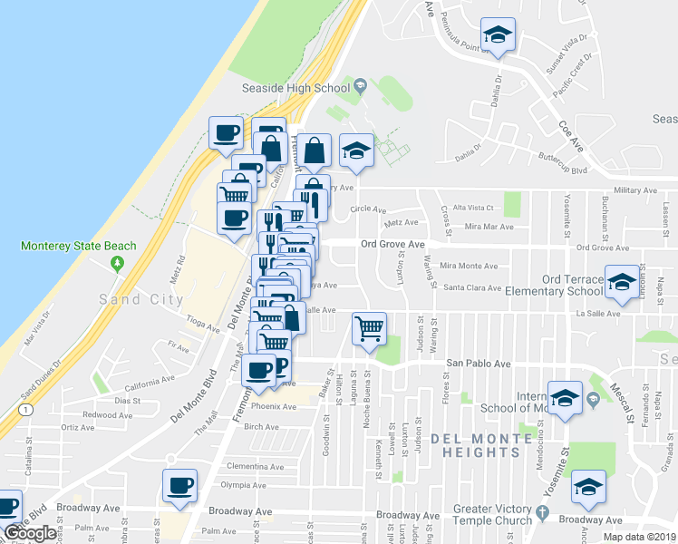 map of restaurants, bars, coffee shops, grocery stores, and more near 1283 Playa Avenue in Seaside