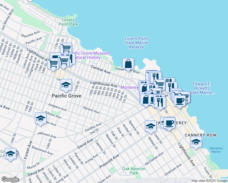 map of restaurants, bars, coffee shops, grocery stores, and more near 218 3rd Street in Pacific Grove