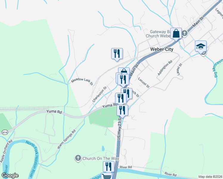 map of restaurants, bars, coffee shops, grocery stores, and more near 126-150 Kermit Road in Weber City