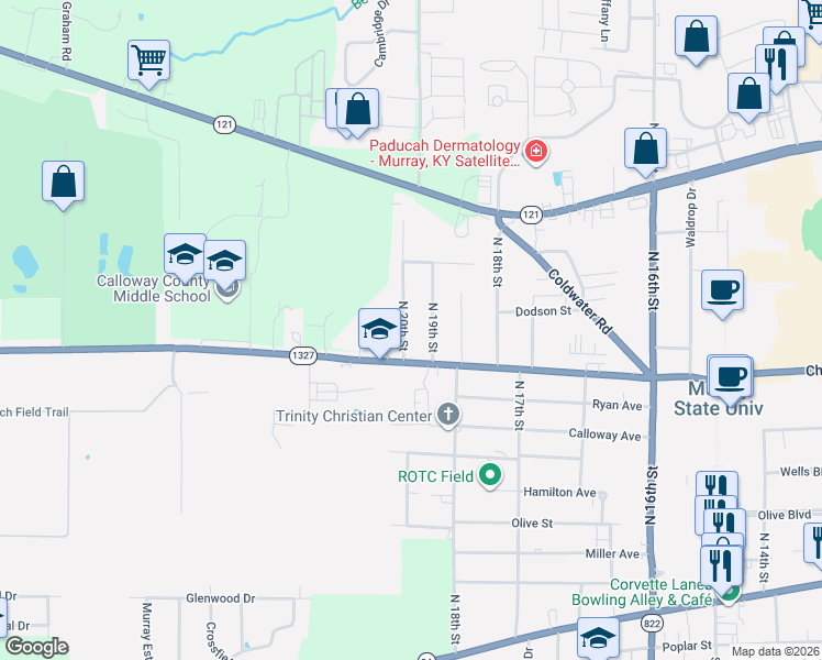 map of restaurants, bars, coffee shops, grocery stores, and more near 807 North 19th Street in Murray