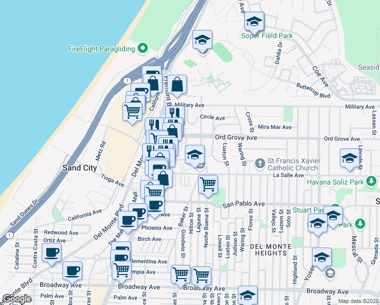 map of restaurants, bars, coffee shops, grocery stores, and more near 1278 La Jolla Avenue in Seaside