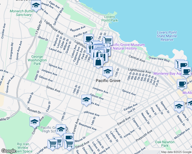 map of restaurants, bars, coffee shops, grocery stores, and more near 410 Grand Avenue in Pacific Grove