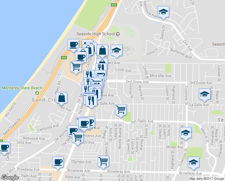 map of restaurants, bars, coffee shops, grocery stores, and more near 1286 La Jolla Avenue in Seaside