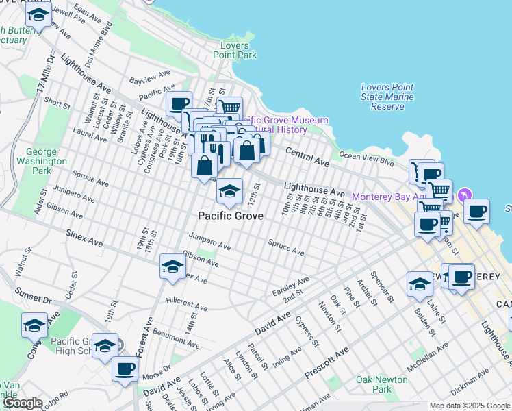 map of restaurants, bars, coffee shops, grocery stores, and more near 312 Carmel Avenue in Pacific Grove