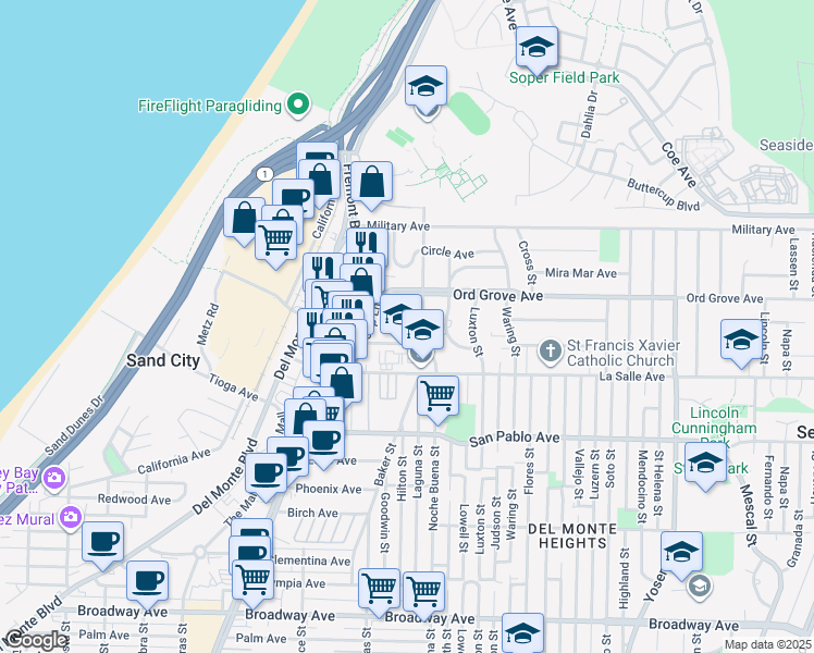 map of restaurants, bars, coffee shops, grocery stores, and more near 1283 Playa Avenue in Seaside