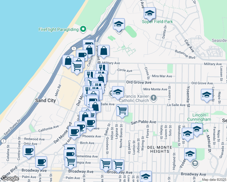 map of restaurants, bars, coffee shops, grocery stores, and more near 1286 La Jolla Avenue in Seaside