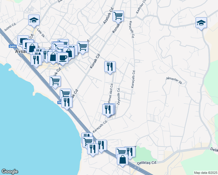 map of restaurants, bars, coffee shops, grocery stores, and more near 27 Zeytinlik Caddesi in Alanya