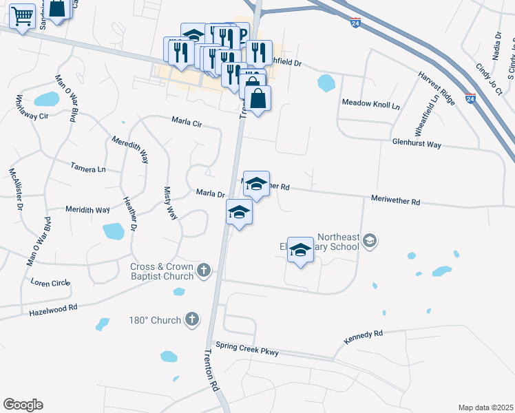 map of restaurants, bars, coffee shops, grocery stores, and more near 3701 Trenton Road in Clarksville