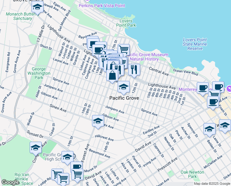 map of restaurants, bars, coffee shops, grocery stores, and more near 416 Grand Avenue in Pacific Grove