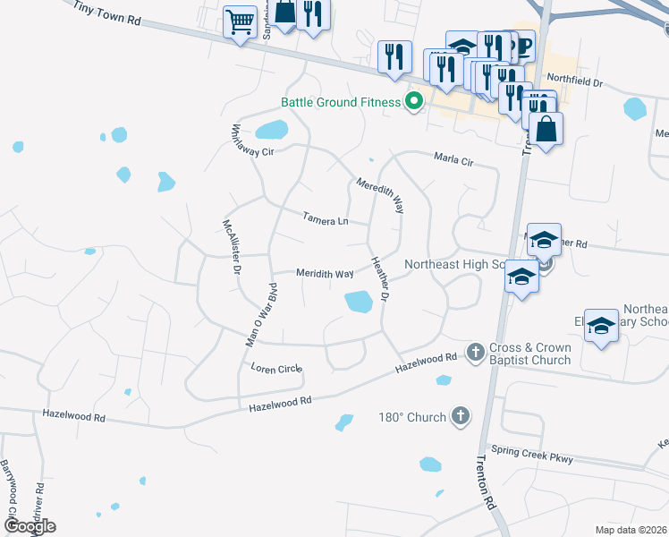 map of restaurants, bars, coffee shops, grocery stores, and more near 1340 Meridith Way in Clarksville