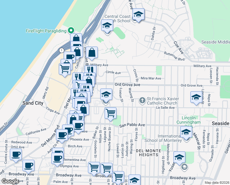 map of restaurants, bars, coffee shops, grocery stores, and more near 1976 Grandview Street in Seaside