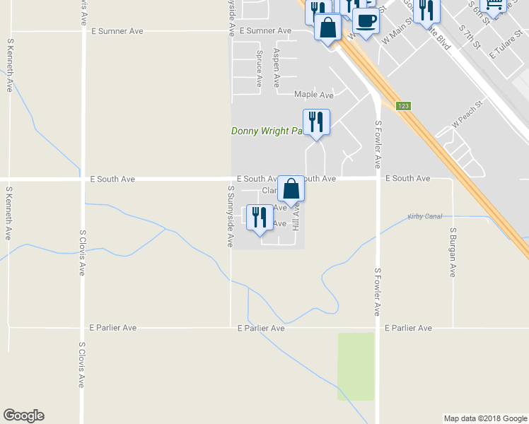 map of restaurants, bars, coffee shops, grocery stores, and more near 1202 Ryan Avenue in Fowler