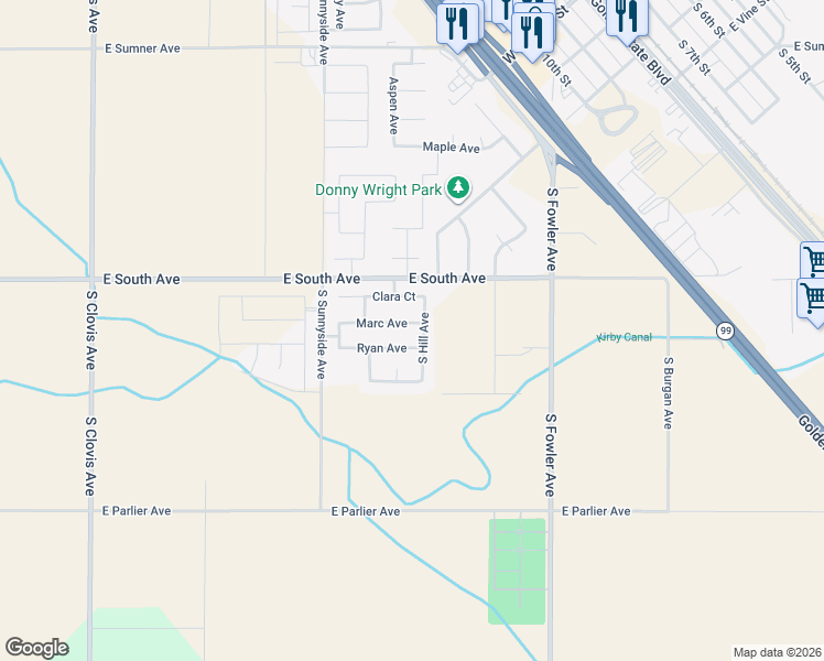 map of restaurants, bars, coffee shops, grocery stores, and more near 955 Marc Avenue in Fowler