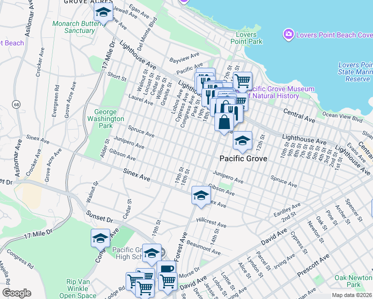 map of restaurants, bars, coffee shops, grocery stores, and more near 507 19th Street in Pacific Grove