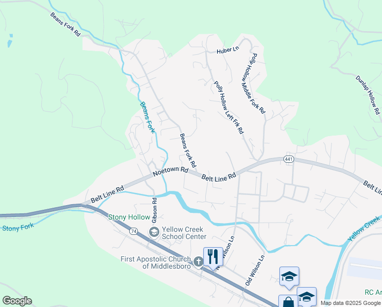 map of restaurants, bars, coffee shops, grocery stores, and more near 175 Beans Fork Road in Middlesboro