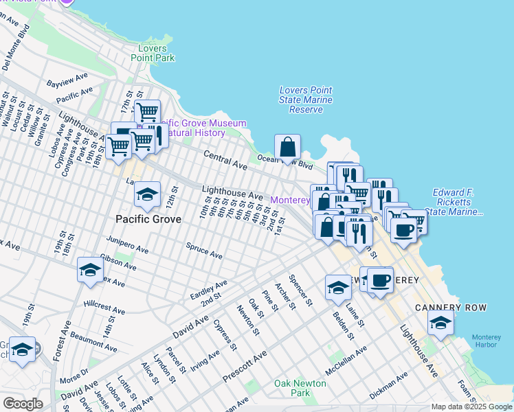 map of restaurants, bars, coffee shops, grocery stores, and more near 212 4th Street in Pacific Grove