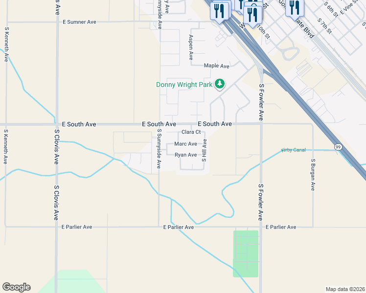 map of restaurants, bars, coffee shops, grocery stores, and more near 1121 Marc Avenue in Fowler