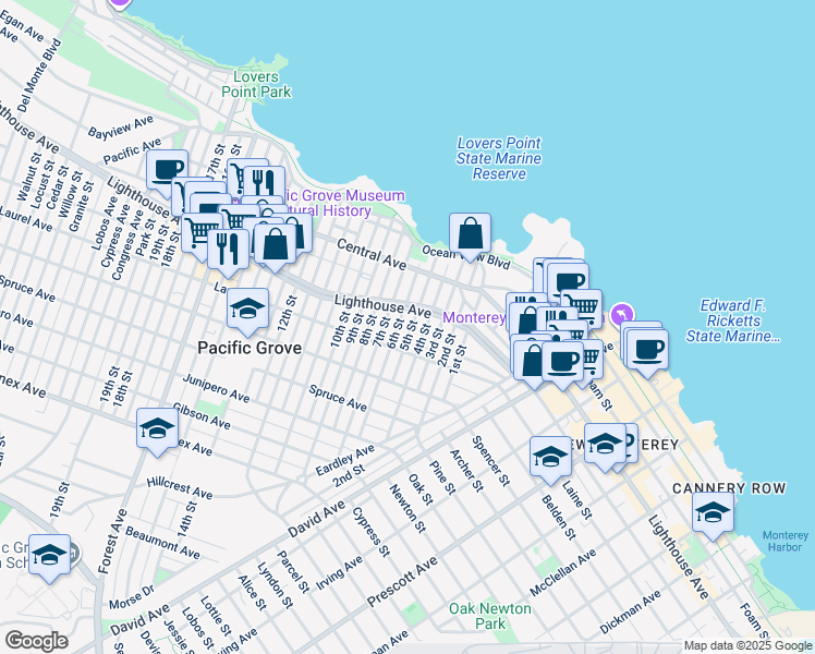map of restaurants, bars, coffee shops, grocery stores, and more near 228 6th Street in Pacific Grove