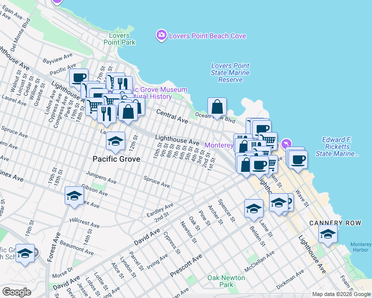 map of restaurants, bars, coffee shops, grocery stores, and more near 228 6th Street in Pacific Grove