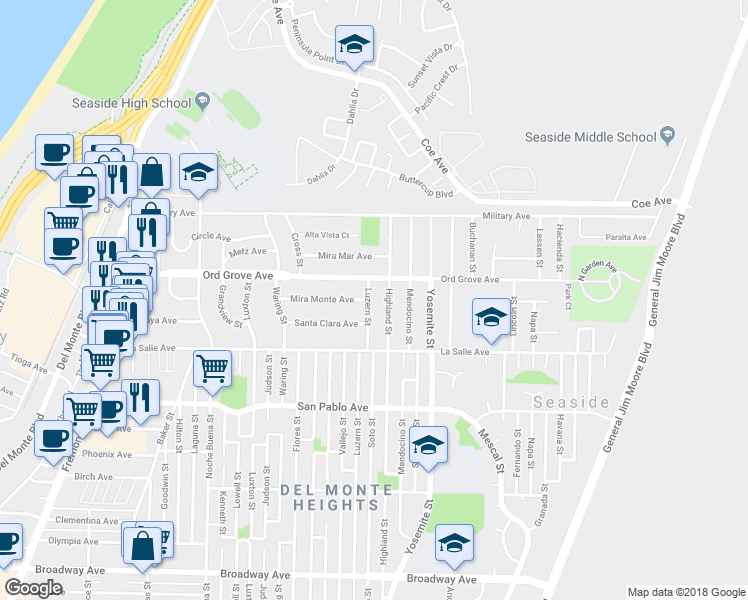 map of restaurants, bars, coffee shops, grocery stores, and more near 1976 Luzern Street in Seaside