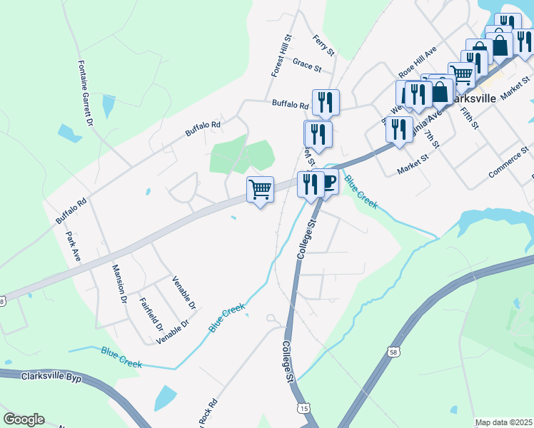 map of restaurants, bars, coffee shops, grocery stores, and more near 1013 Virginia Avenue in Clarksville