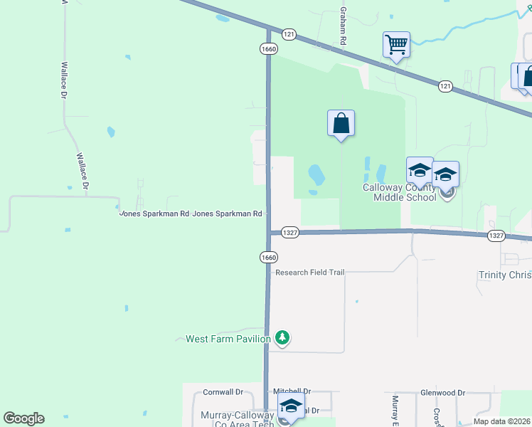 map of restaurants, bars, coffee shops, grocery stores, and more near 12 Jones Sparkman Road in Murray