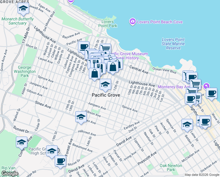 map of restaurants, bars, coffee shops, grocery stores, and more near 450 Pine Avenue in Pacific Grove