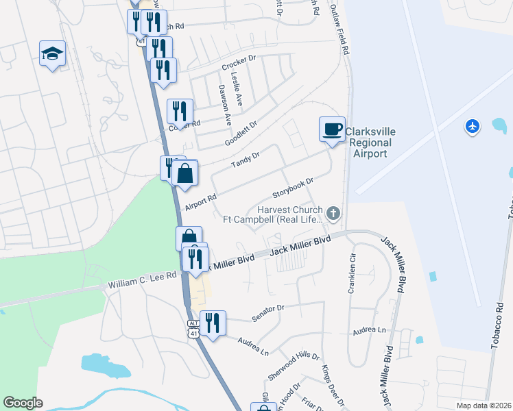 map of restaurants, bars, coffee shops, grocery stores, and more near 103 King Cole Drive in Clarksville