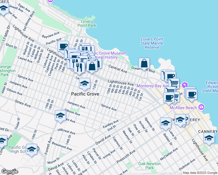 map of restaurants, bars, coffee shops, grocery stores, and more near 351 Laurel Avenue in Pacific Grove