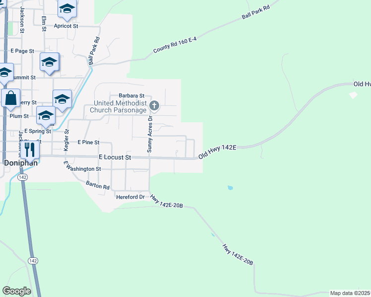 map of restaurants, bars, coffee shops, grocery stores, and more near Sunset Drive in Doniphan
