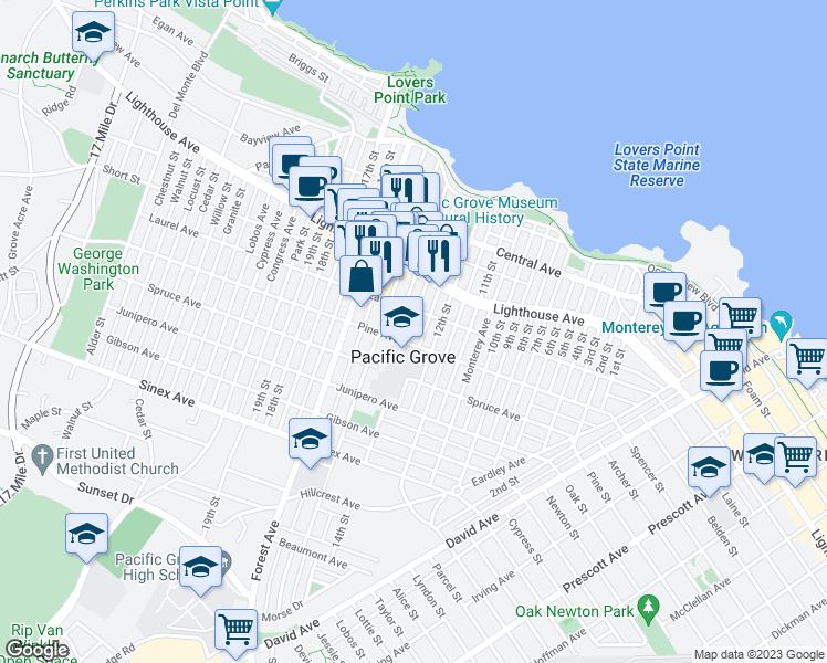 map of restaurants, bars, coffee shops, grocery stores, and more near 313 14th Street in Pacific Grove
