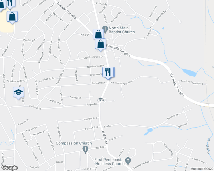 map of restaurants, bars, coffee shops, grocery stores, and more near 2259 North Main Street in Danville