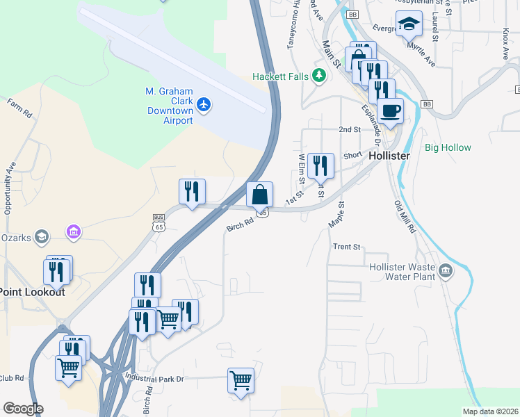 map of restaurants, bars, coffee shops, grocery stores, and more near 799 Birch Road in Hollister